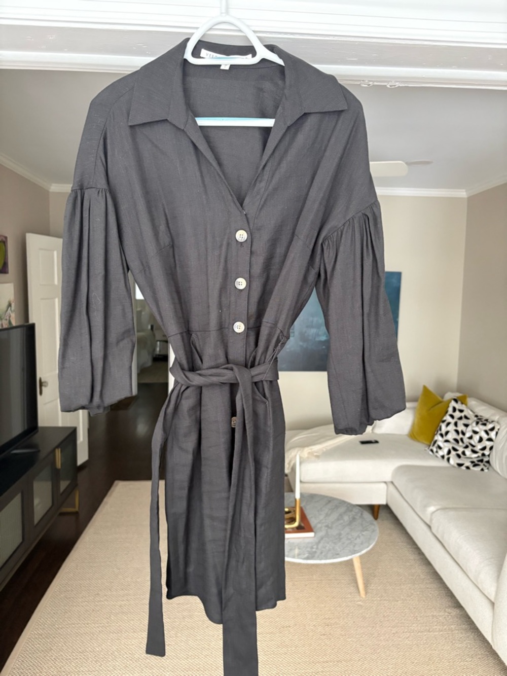 Button-Front Belted Shirt Dress in black